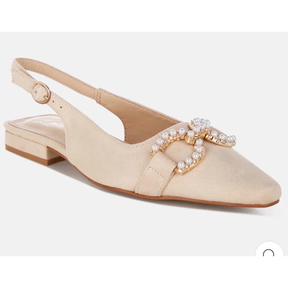 London Rag Beige Faux Suede Pearl Buckle Slingback Pointed Toe Flats SH5557